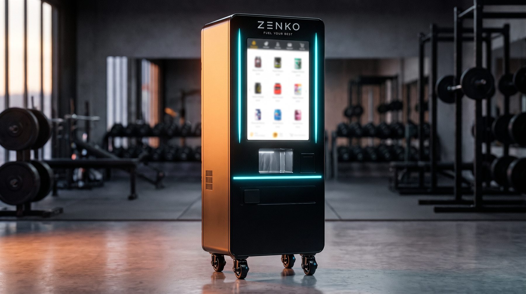 Máquina ZENKO junto a los racks de un gimnasio de fuerza, con la pantalla encendida y los rieles de luz cian