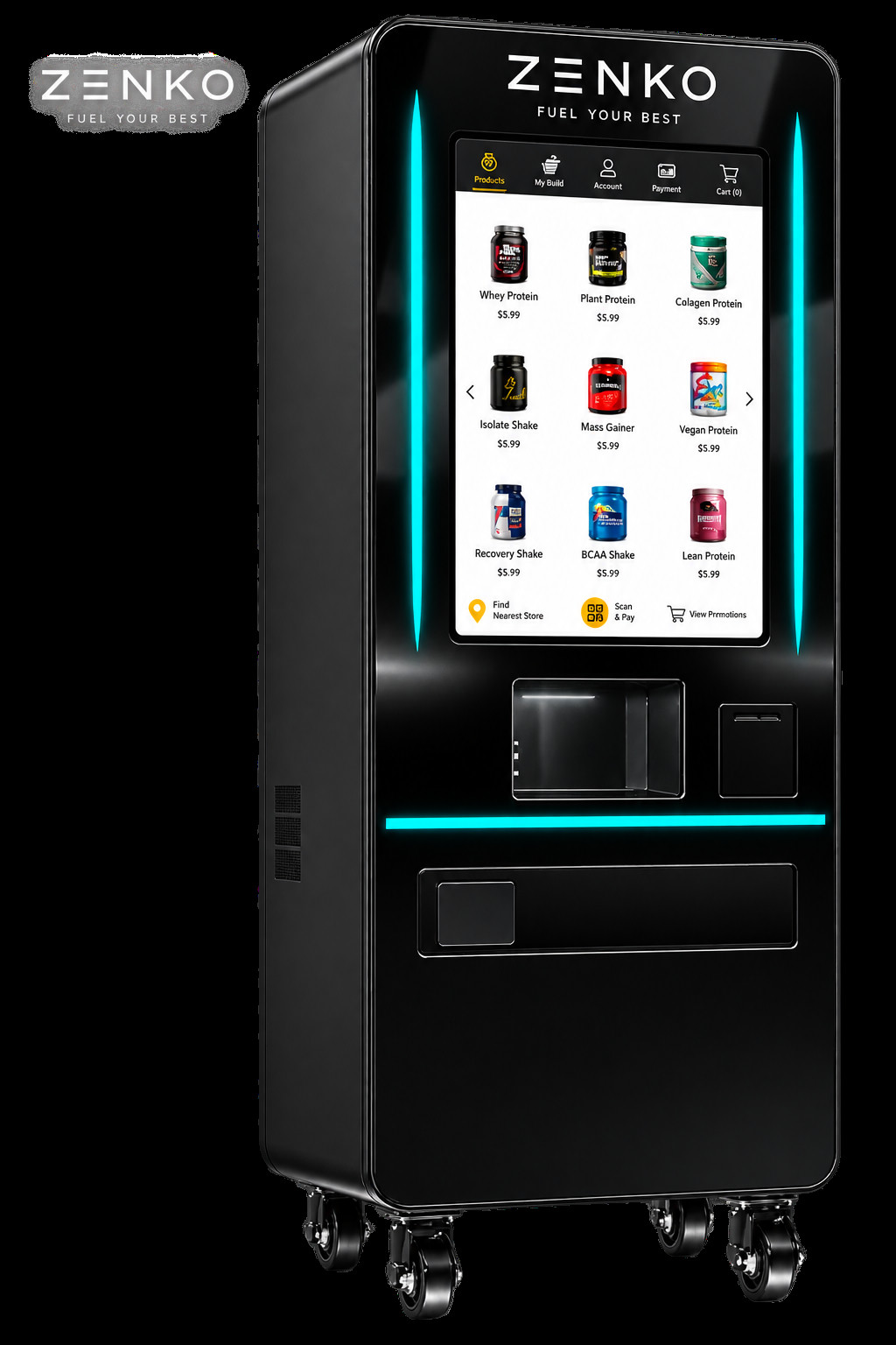 Máquina dispensadora ZENKO: pantalla táctil vertical con la grilla de productos, rieles de luz cian y boca de entrega bajo la pantalla